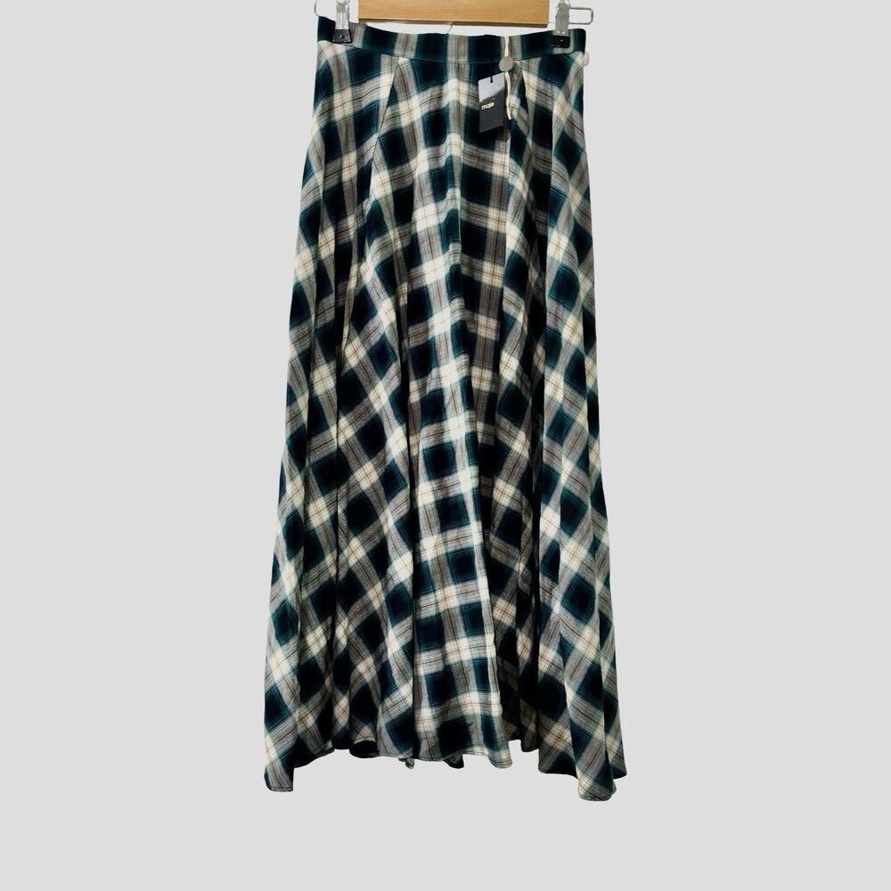Maje Green White Checked Tartan Cotton Midi Skirt Women’s Size 36 Small NWT - Picture 3 of 8
